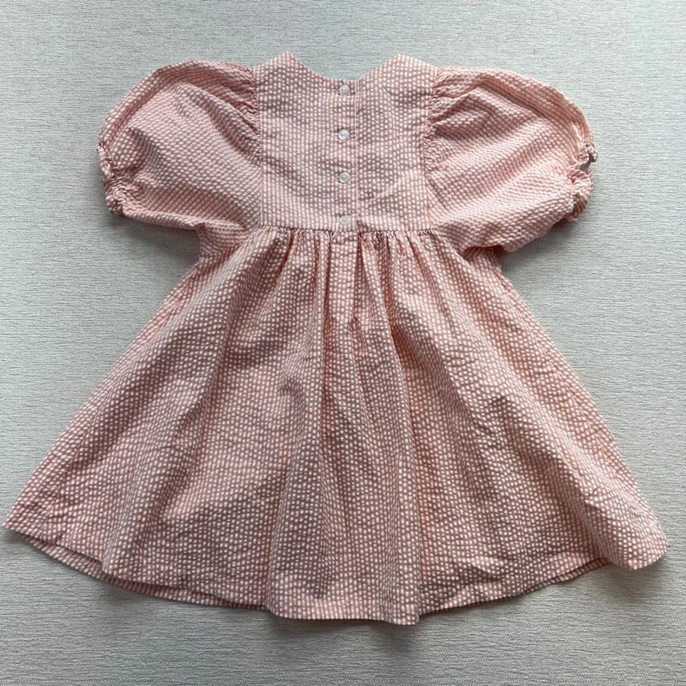 Tullabee Gingham Seersucker Dress Toddler‎ 4T Pink Bunny Embroidery Puff Sleeve